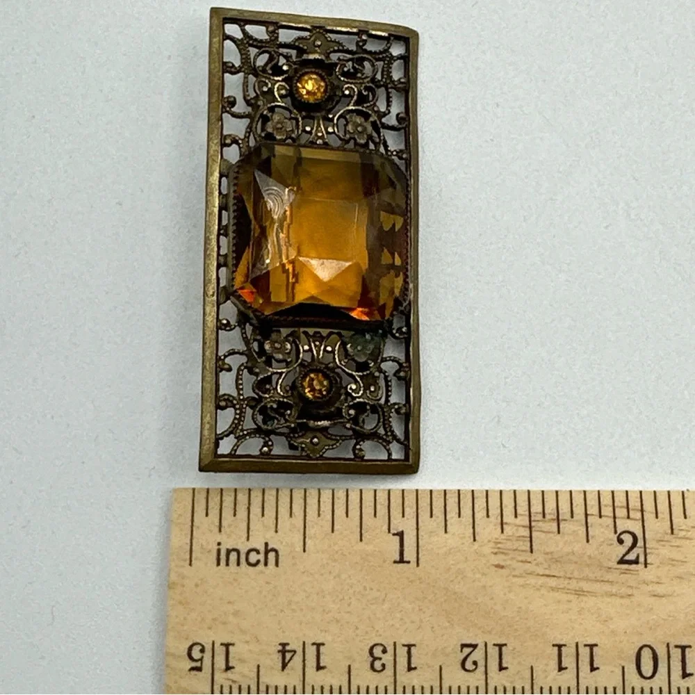 Antique Edwardian‎ Brass Faceted Amber Glass Leaf Brooch #632